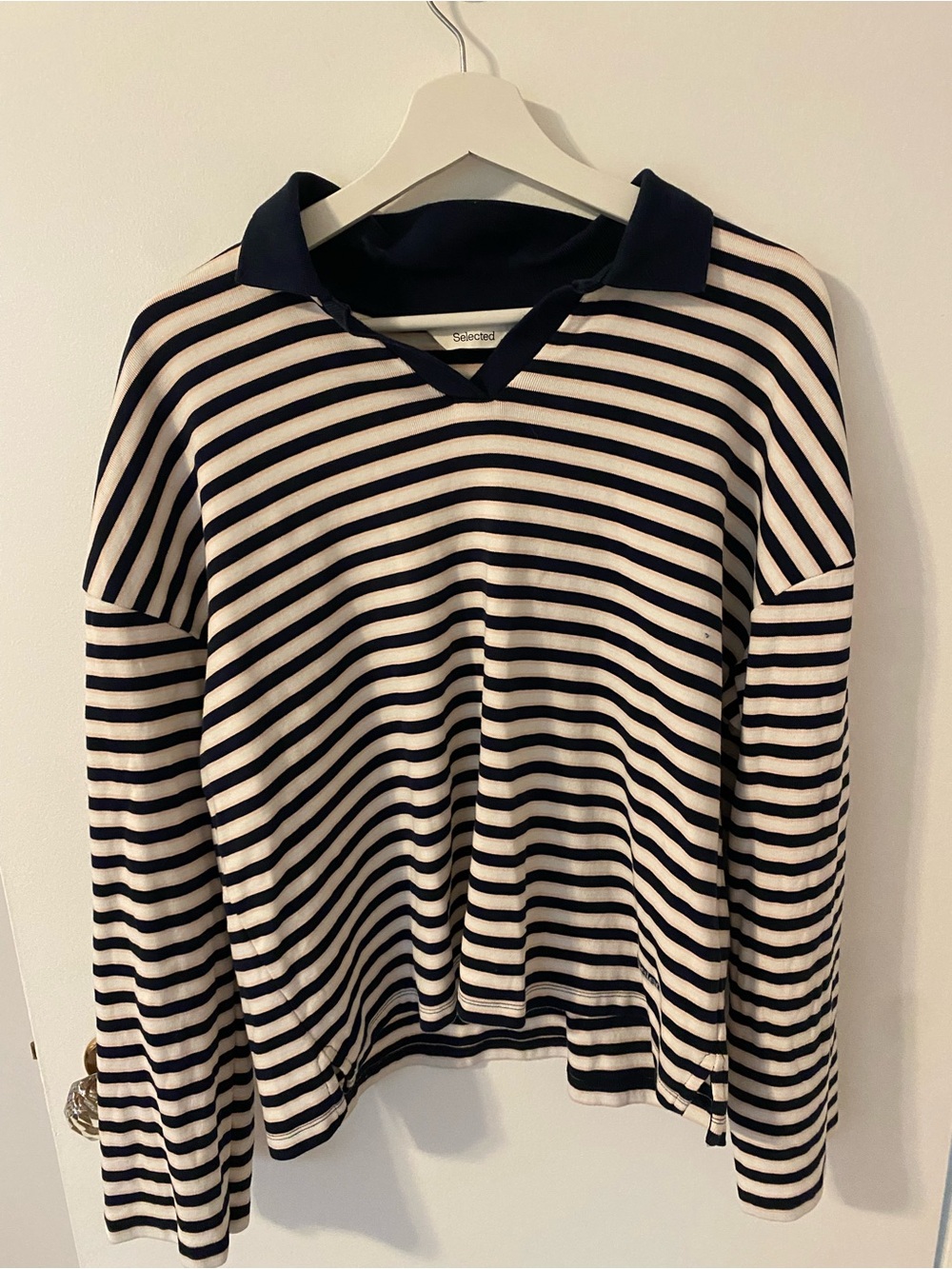 Selected Navy and Cream Striped V-Neck Polo t shirt